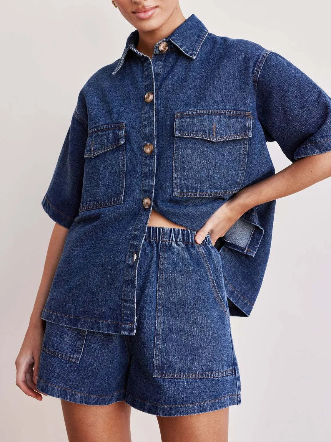 Button-Up-Short-Sleeve-Top-and-Shorts-Denim-Set-Sarunna
