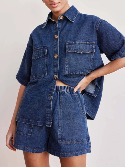 Button-Up-Short-Sleeve-Top-and-Shorts-Denim-Set-Sarunna