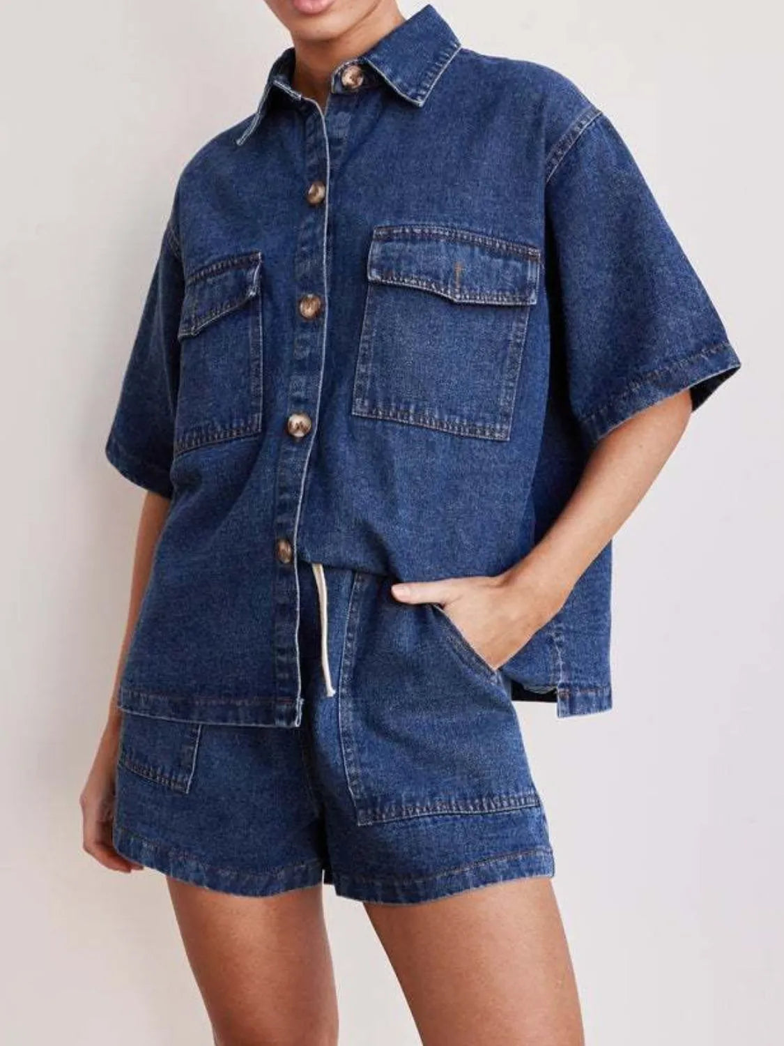 Button-Up-Short-Sleeve-Top-and-Shorts-Denim-Set-Sarunna