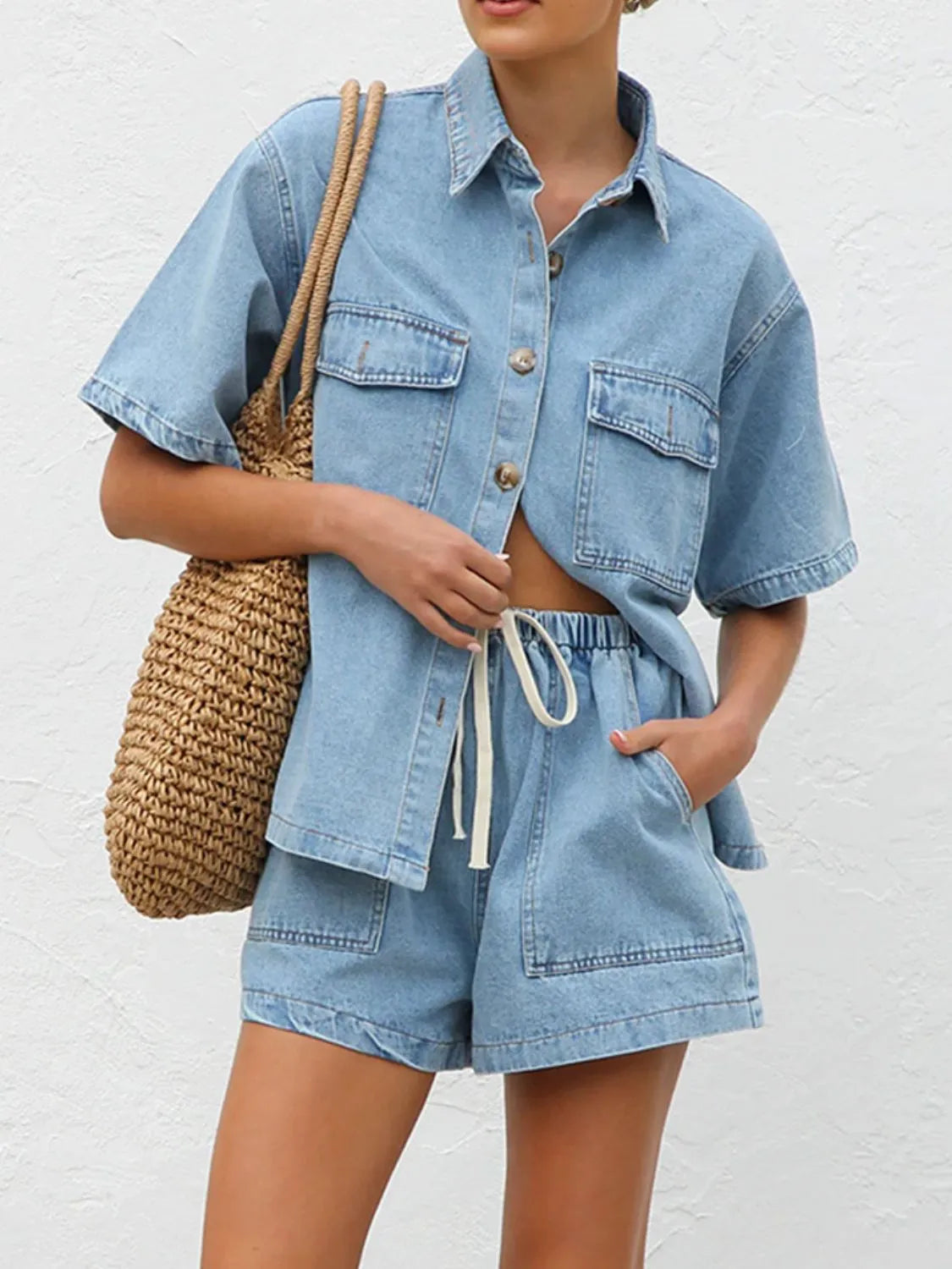 Button-Up-Short-Sleeve-Top-and-Shorts-Denim-Set-Sarunna