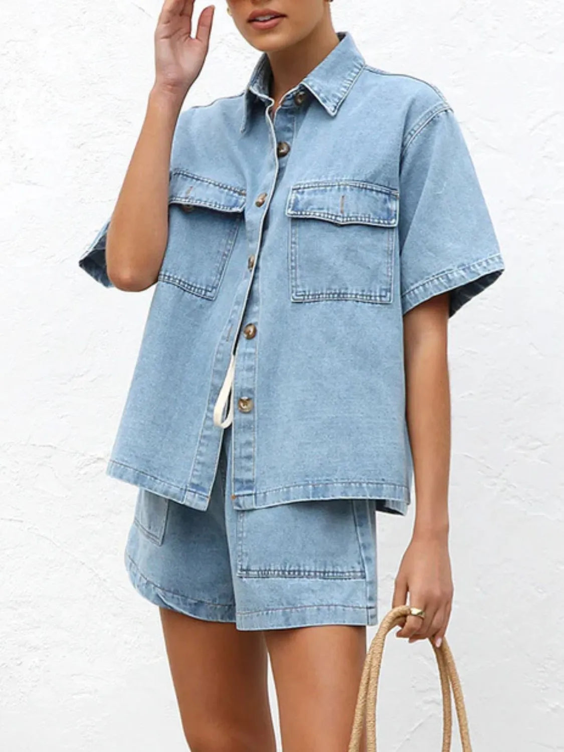 Button-Up-Short-Sleeve-Top-and-Shorts-Denim-Set-Sarunna