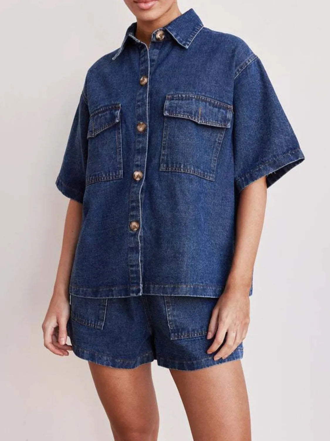 Button-Up-Short-Sleeve-Top-and-Shorts-Denim-Set-Sarunna