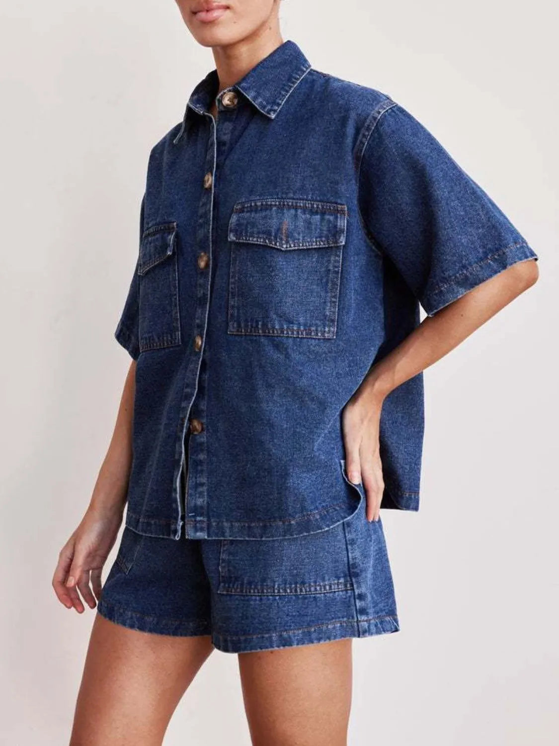 Button-Up-Short-Sleeve-Top-and-Shorts-Denim-Set-Sarunna