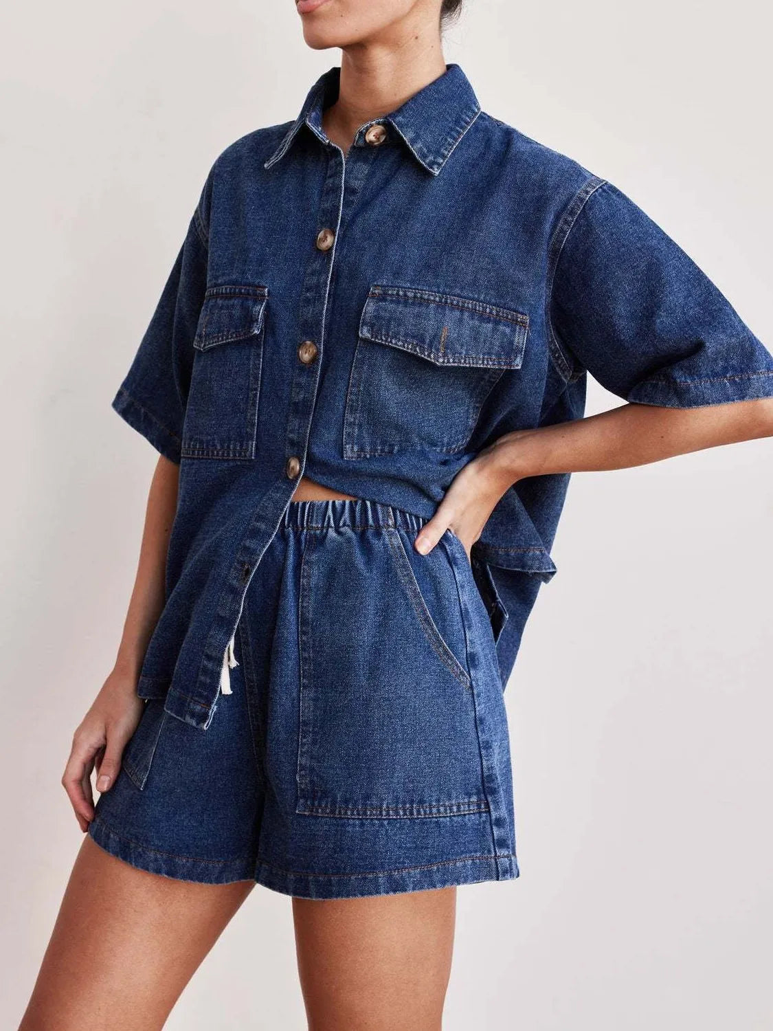 Button-Up-Short-Sleeve-Top-and-Shorts-Denim-Set-Sarunna