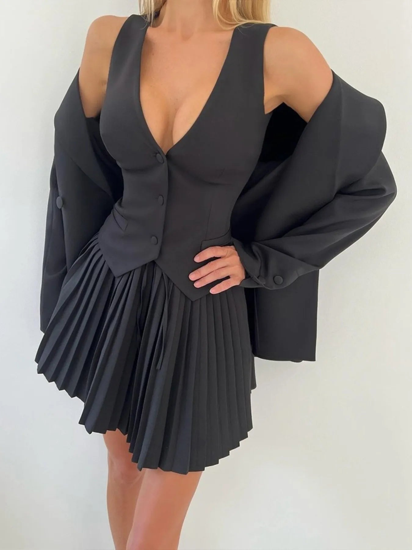 Button-Up-Vest-and-Pleated-Mini-Skirt-Set-Sarunna