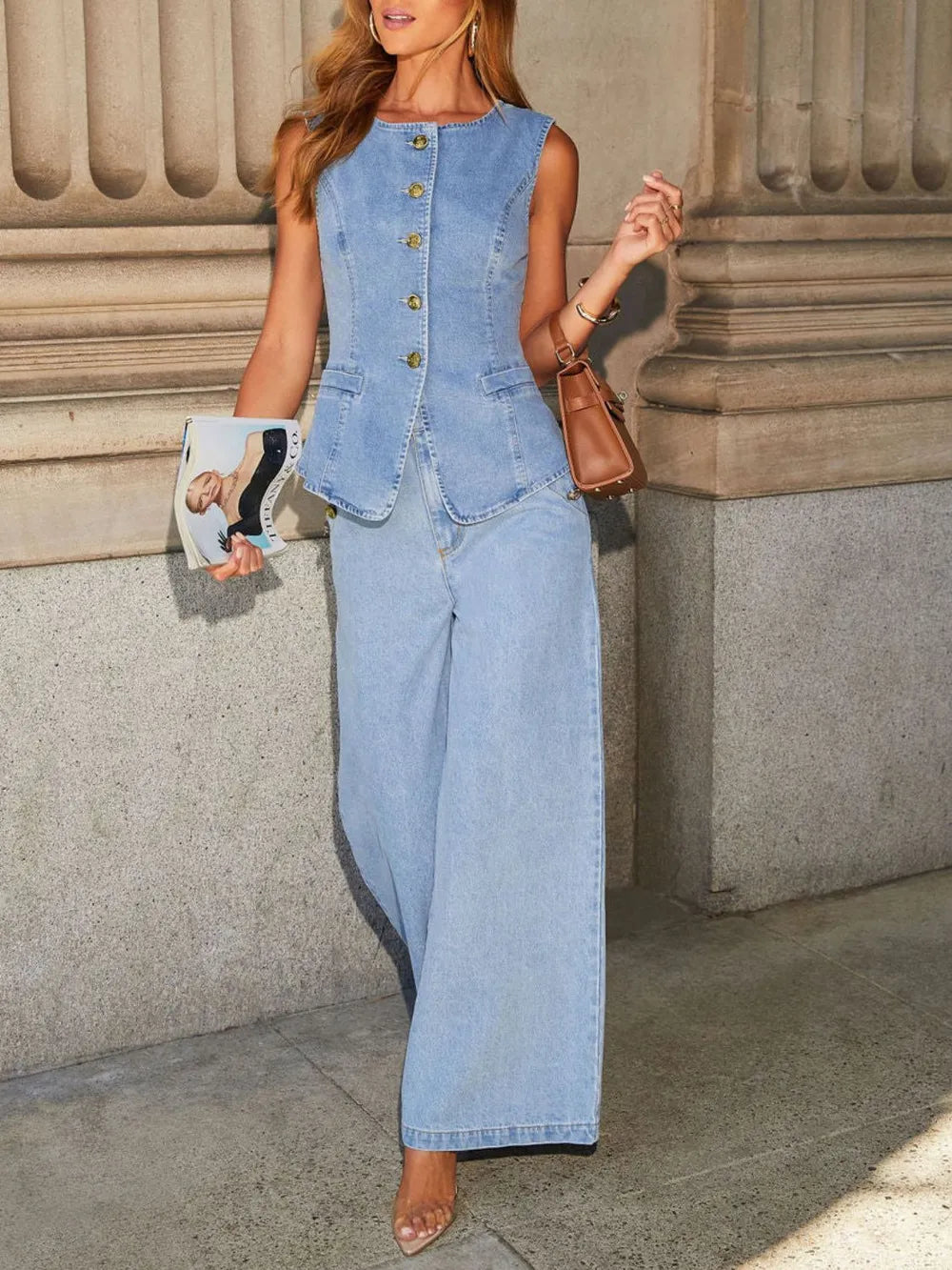 Buttoned-Vest-&-Wide-Leg-Jeans-Set-Sarunna