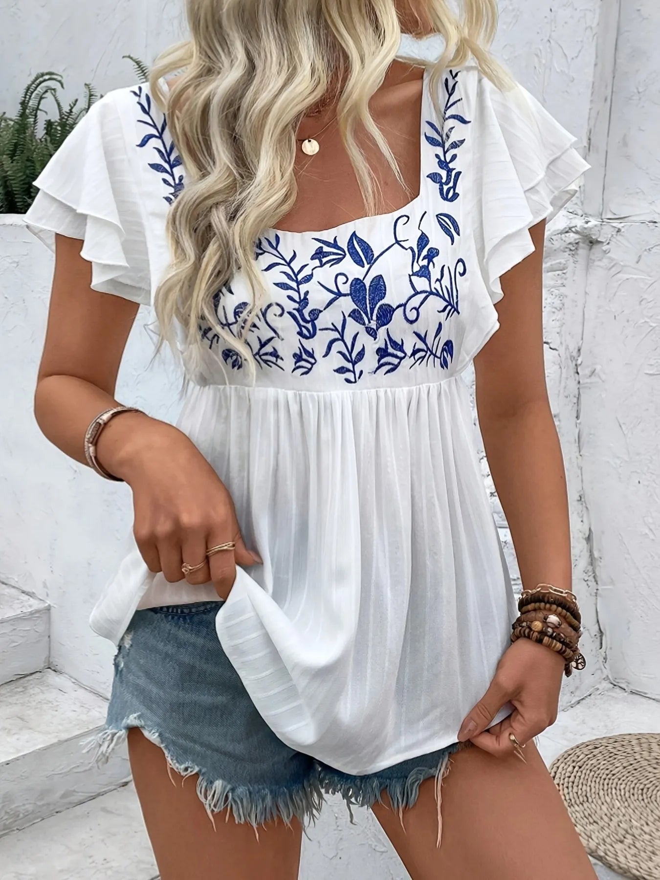 Embroidered-Flutter-Sleeve-Blouse-Sarunna