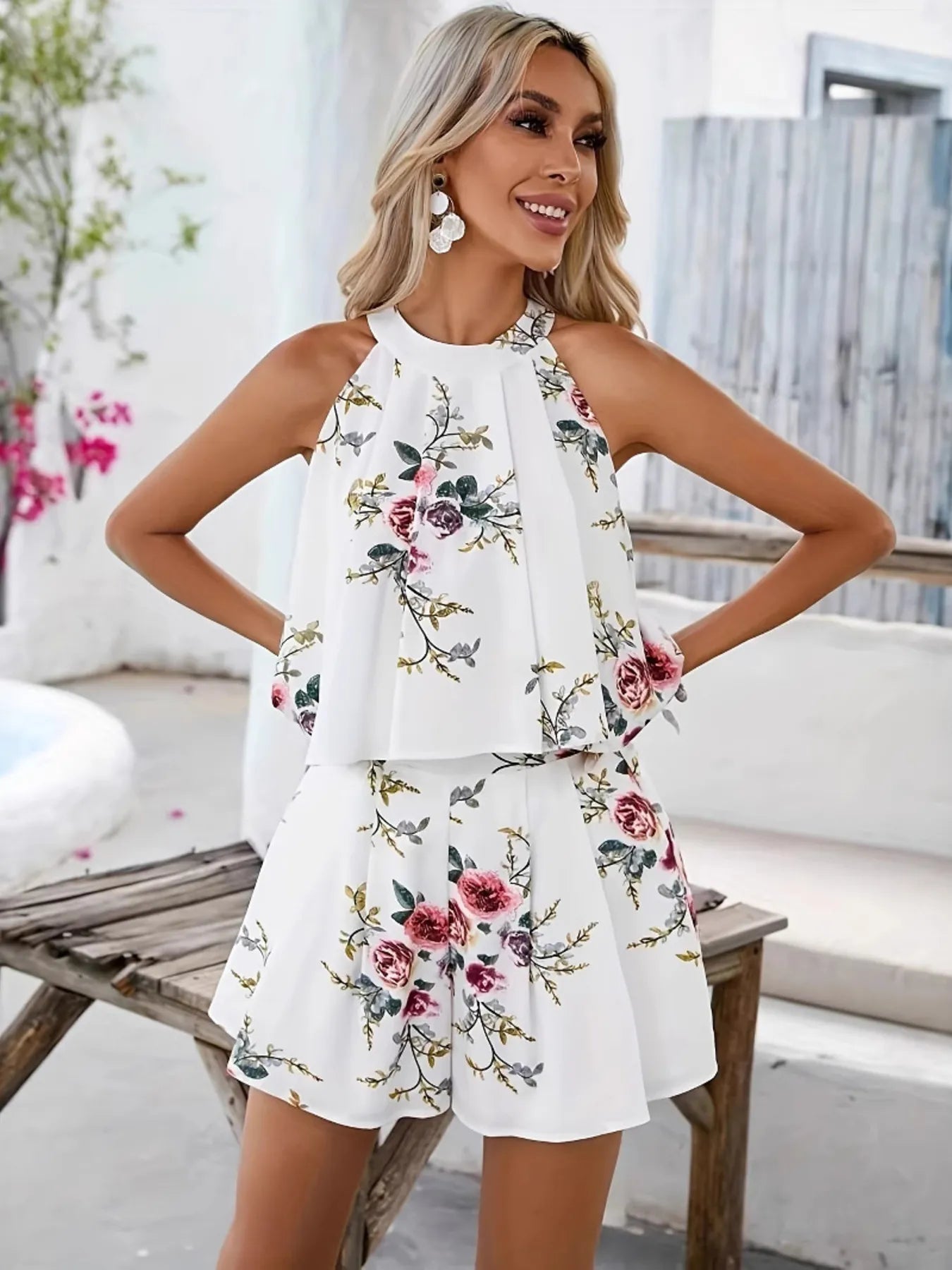 Floral-Print-Halter-Neck-Top-and-Shorts-Two-Piece-Summer-Set-Sarunna