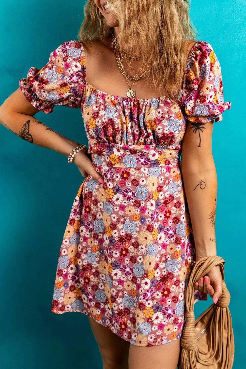 Floral-Short-Dress-with-Square-Neck-Sarunna