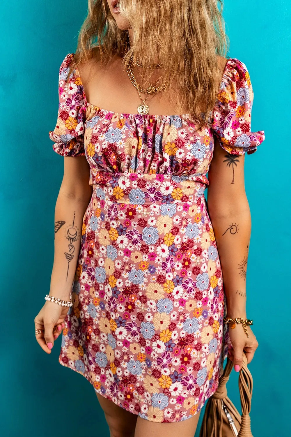 Floral-Short-Dress-with-Square-Neck-Sarunna