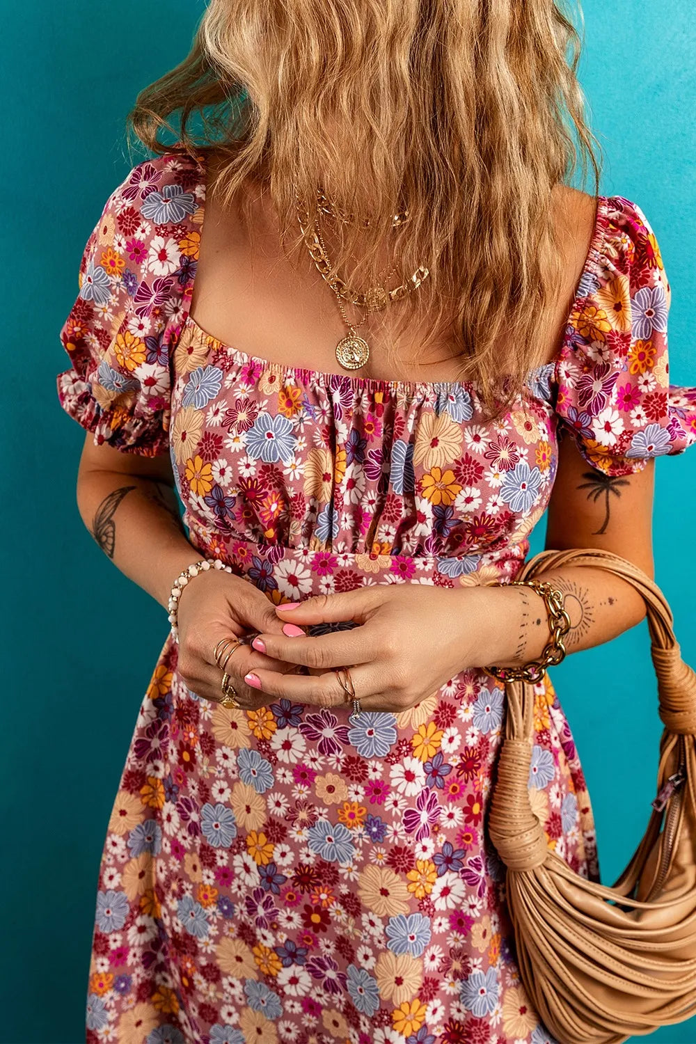 Floral-Short-Dress-with-Square-Neck-Sarunna