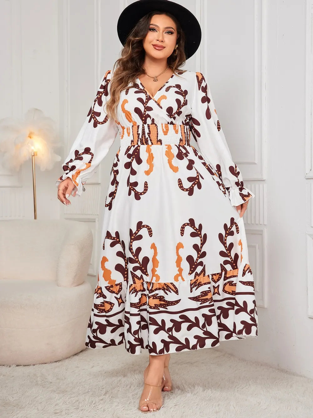 Honey-Plus-Size-Printed-Surplice-Flounce-Sleeve-Dress-Sarunna