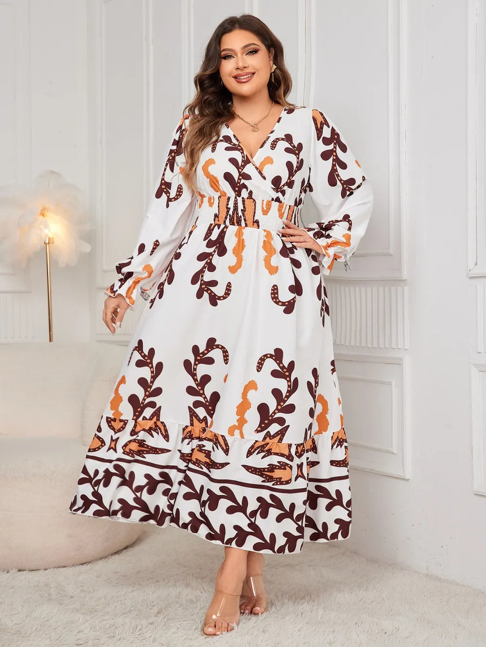 Honey-Plus-Size-Printed-Surplice-Flounce-Sleeve-Dress-Sarunna