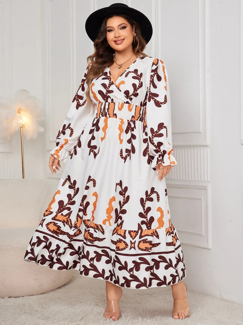 Honey-Plus-Size-Printed-Surplice-Flounce-Sleeve-Dress-Sarunna