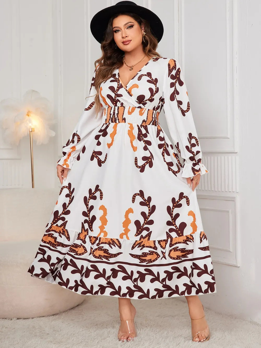 Honey-Plus-Size-Printed-Surplice-Flounce-Sleeve-Dress-Sarunna