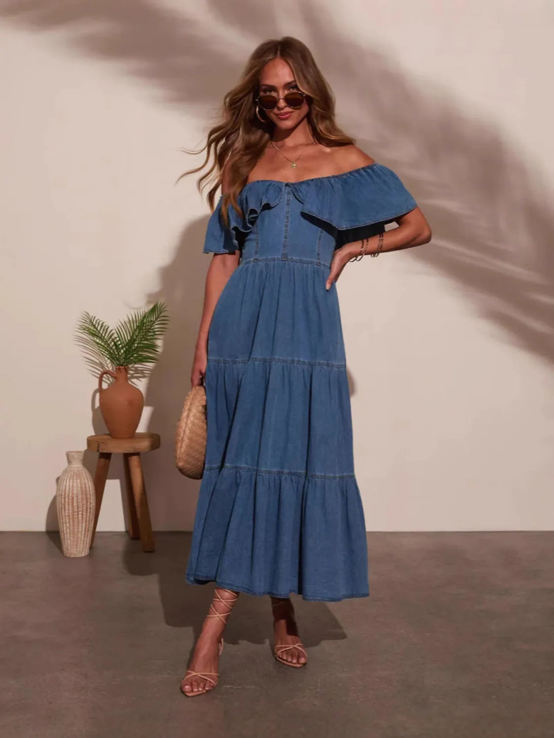 Off-Shoulder-Ruffle-Tiered-Denim-Dress-Sarunna