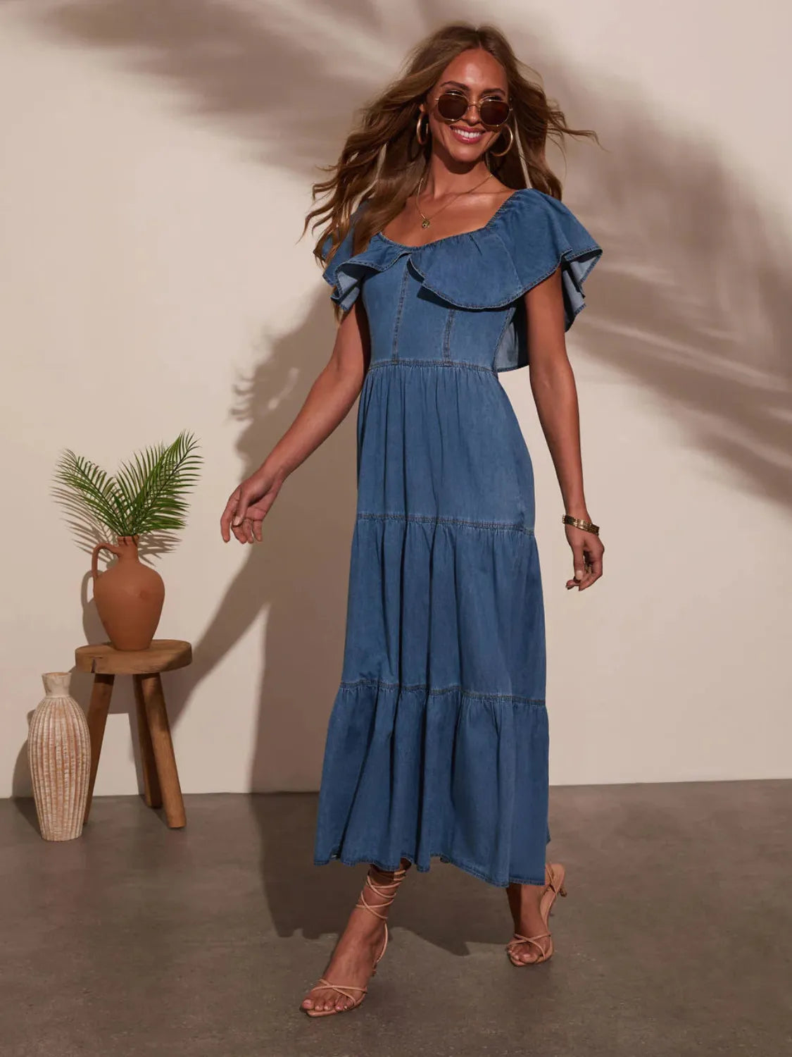 Off-Shoulder-Ruffle-Tiered-Denim-Dress-Sarunna