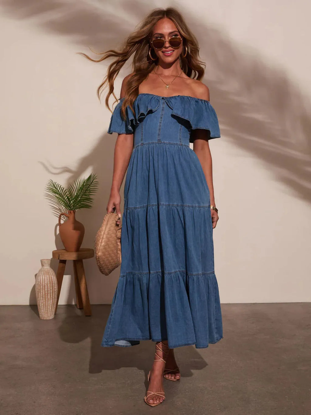 Off-Shoulder-Ruffle-Tiered-Denim-Dress-Sarunna
