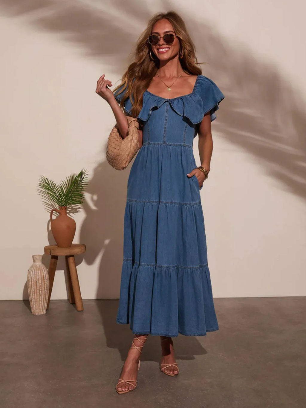 Off-Shoulder-Ruffle-Tiered-Denim-Dress-Sarunna