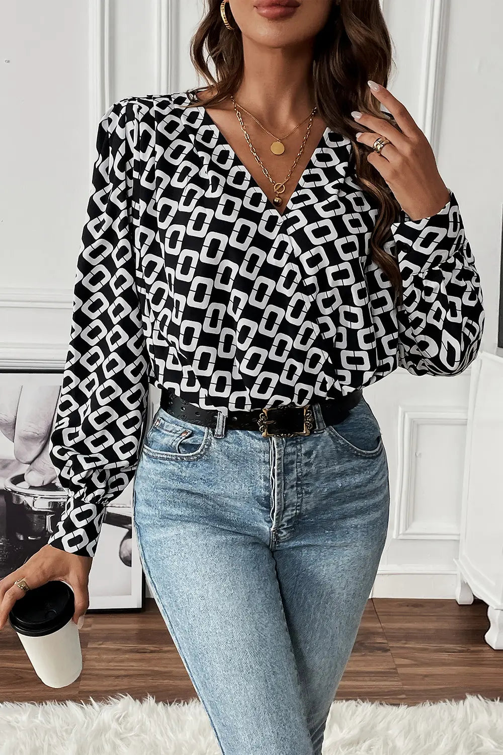 Perfee-Geometric-V-Neck-Long-Sleeve-Blouse-Sarunna