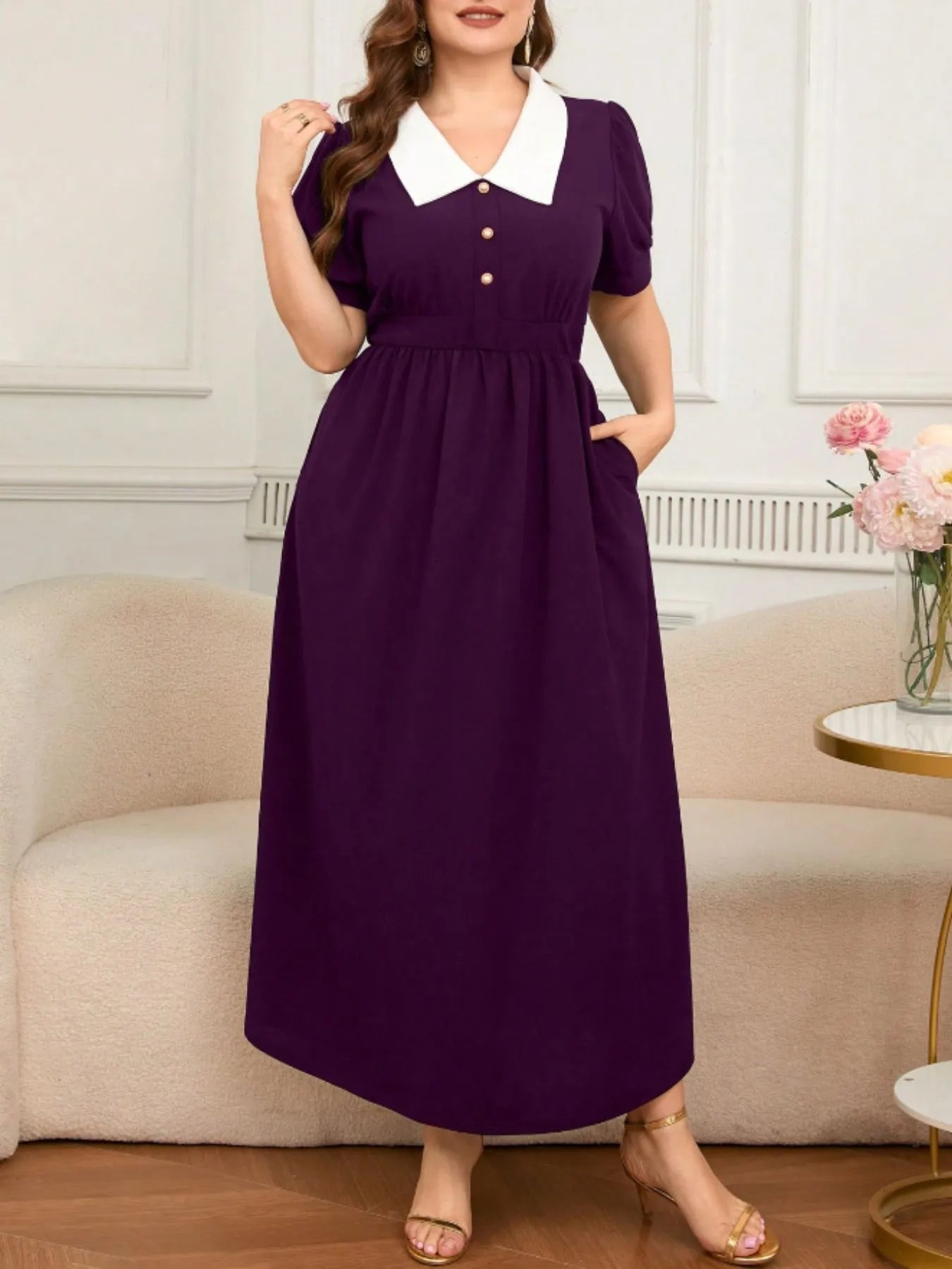 Plus-Size-Contrast-Collar-Short-Sleeve-Dress-Sarunna