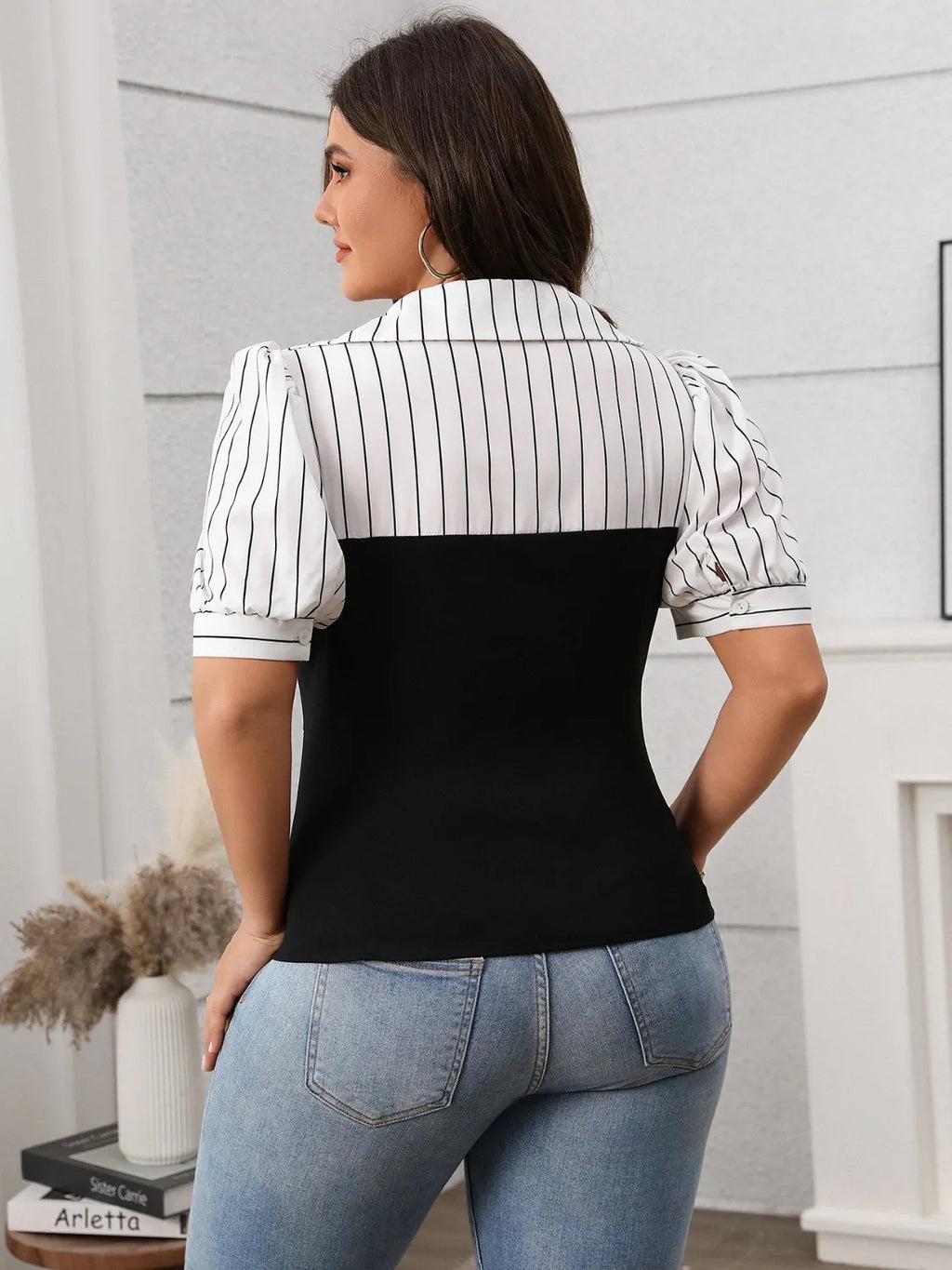 Plus-Size-Striped-Johnny-Collar-Short-Sleeve-Blouse-Sarunna