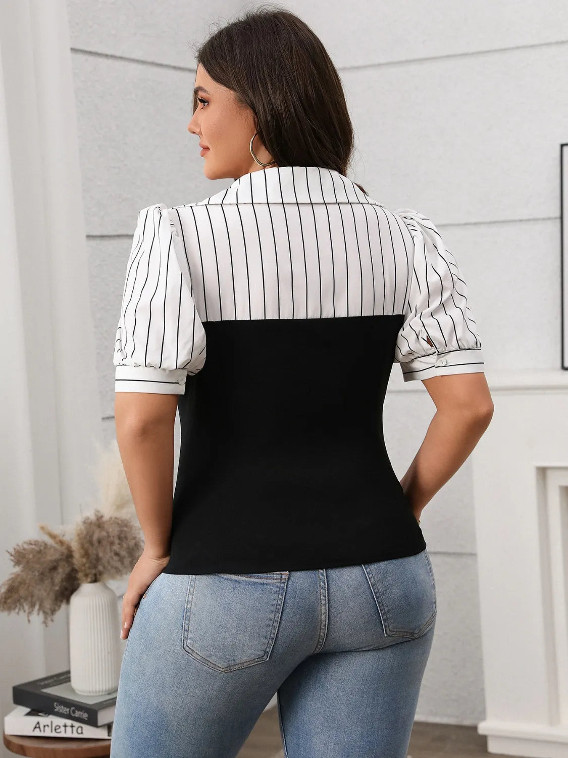 Plus-Size-Striped-Johnny-Collar-Short-Sleeve-Blouse-Sarunna
