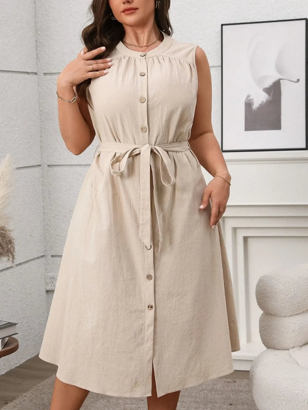 Plus Size-Button-Front-Tie-Waist-Sleeveless-Dress-Sarunna