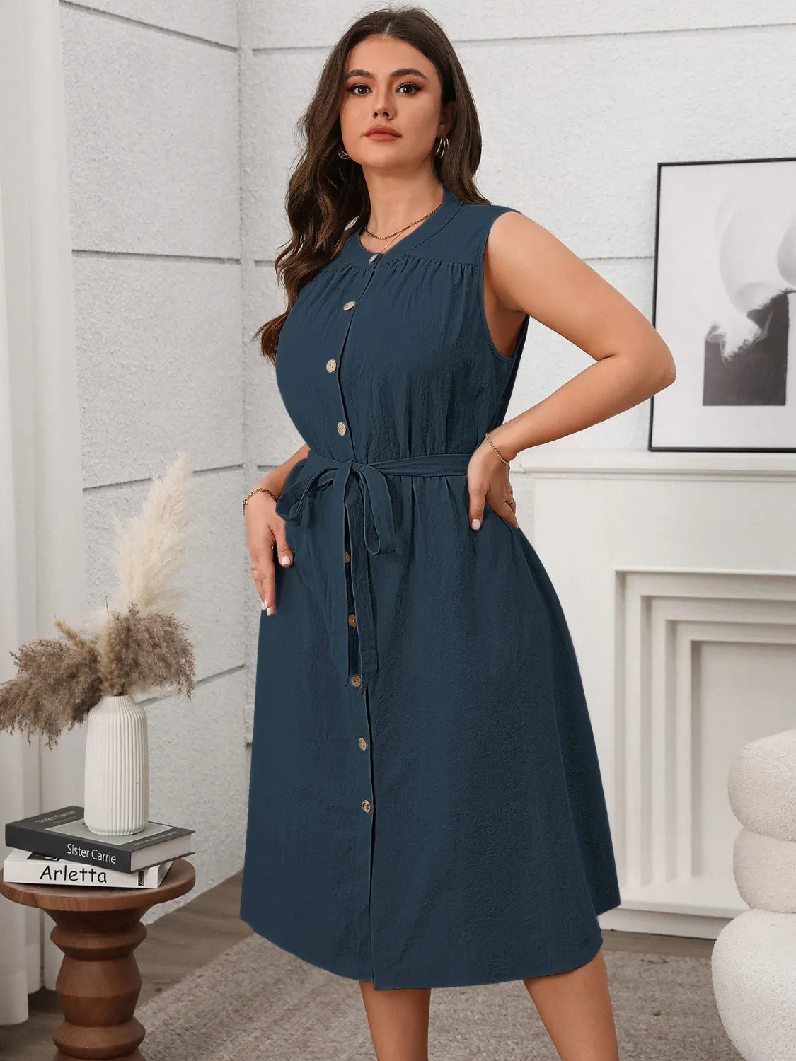 Plus Size-Button-Front-Tie-Waist-Sleeveless-Dress-Sarunna