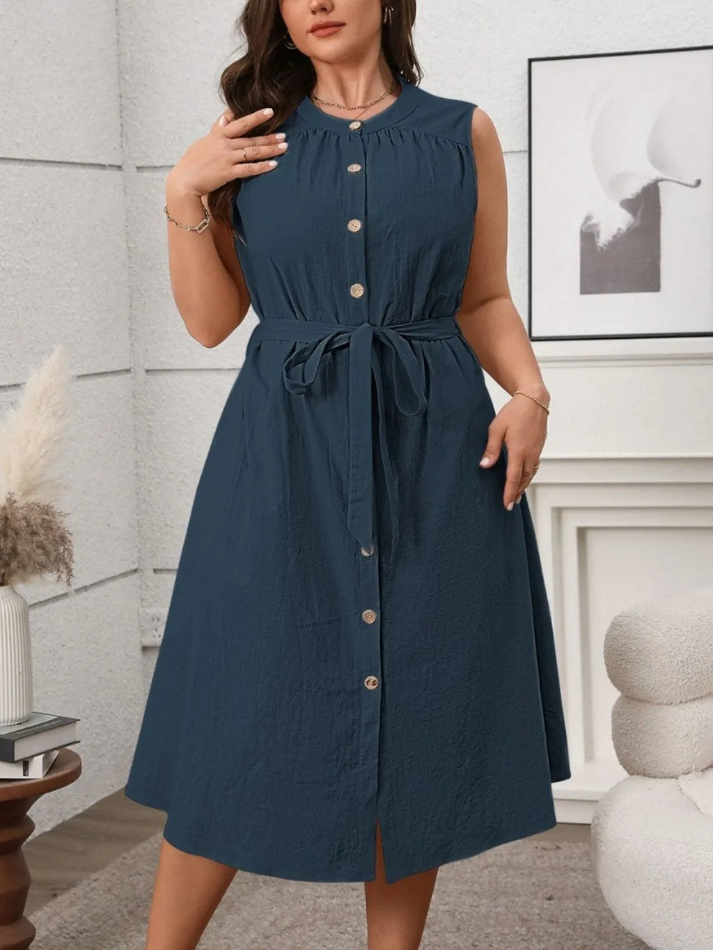 Plus Size-Button-Front-Tie-Waist-Sleeveless-Dress-Sarunna