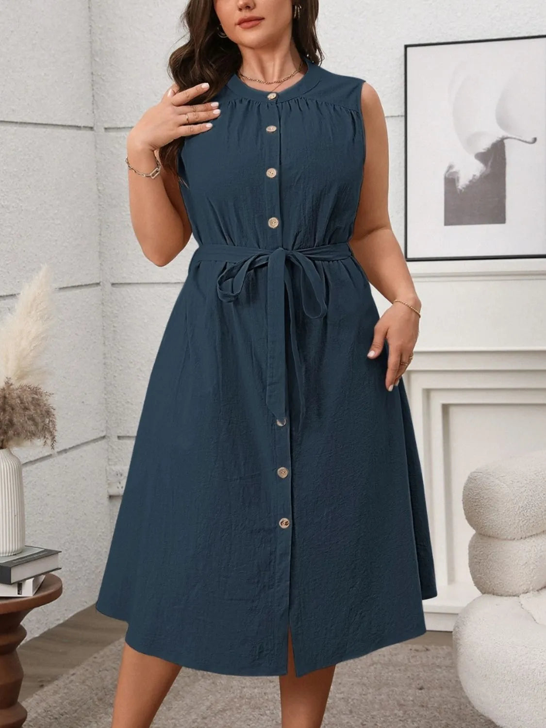 Plus Size-Button-Front-Tie-Waist-Sleeveless-Dress-Sarunna