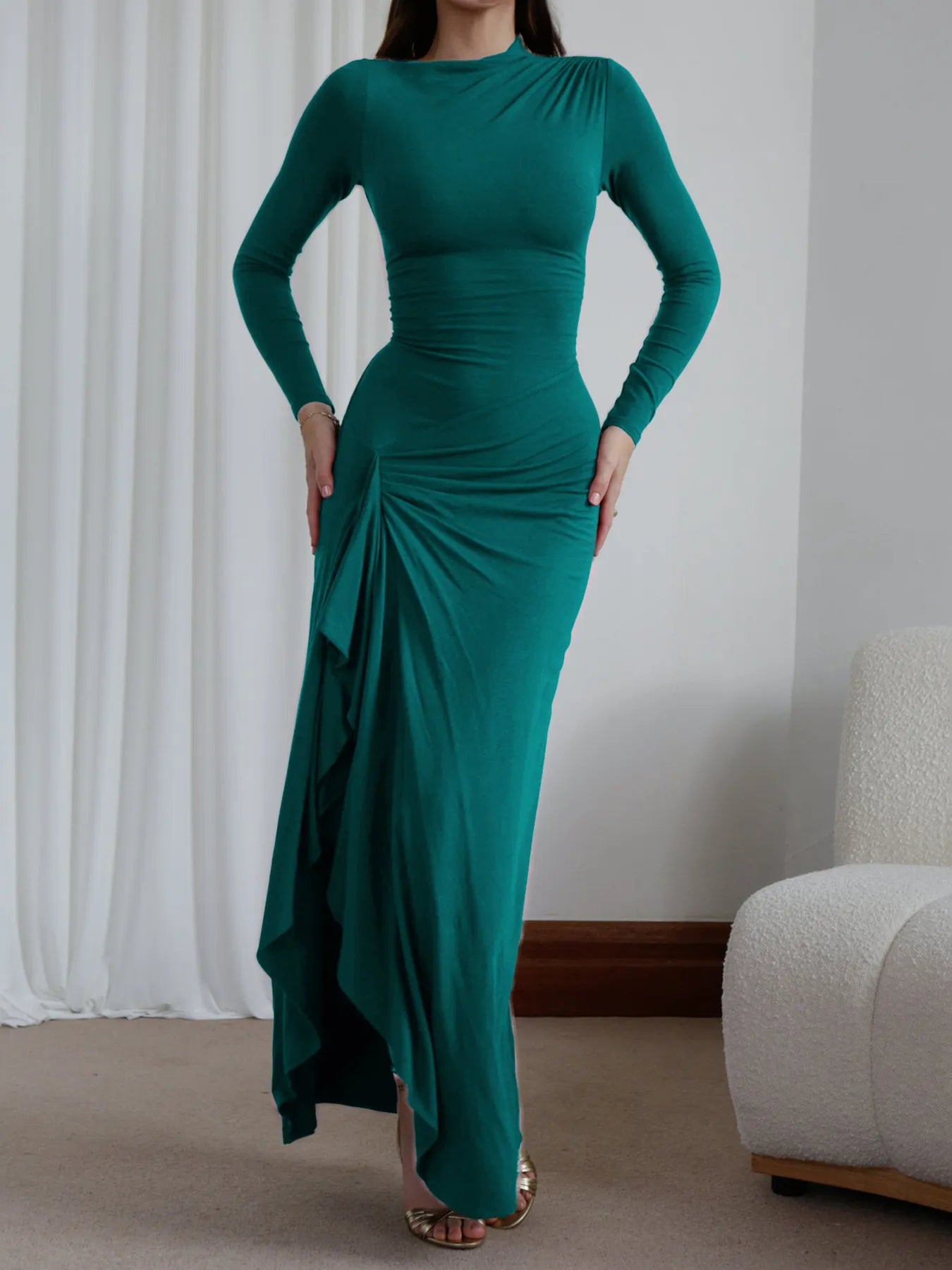 Ruched-Long-Sleeve-Maxi-Dress-Sarunna