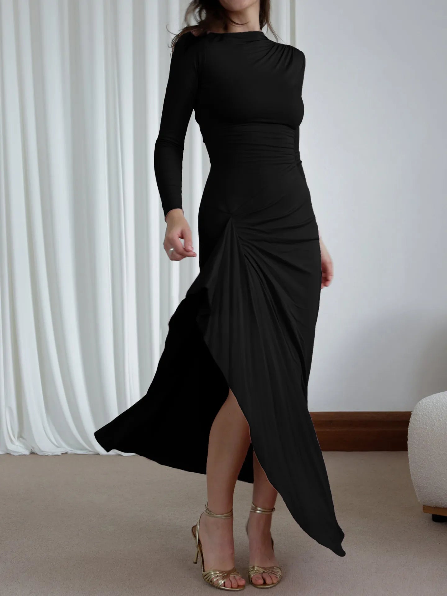 Ruched-Long-Sleeve-Maxi-Dress-Sarunna
