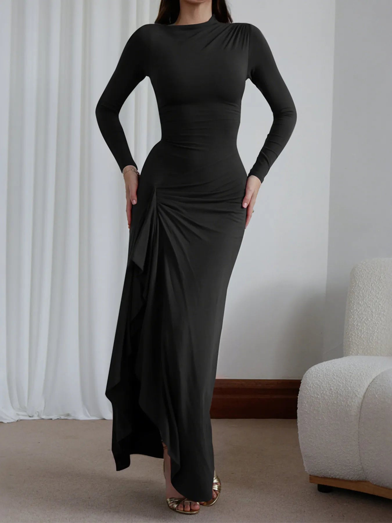 Ruched-Long-Sleeve-Maxi-Dress-Sarunna