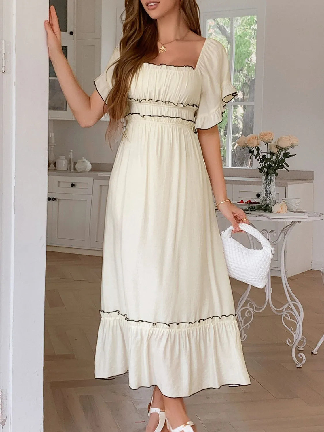 Square Neck-Puff-Sleeve-Ruffle-Trim-Maxi-Dress-Sarunna