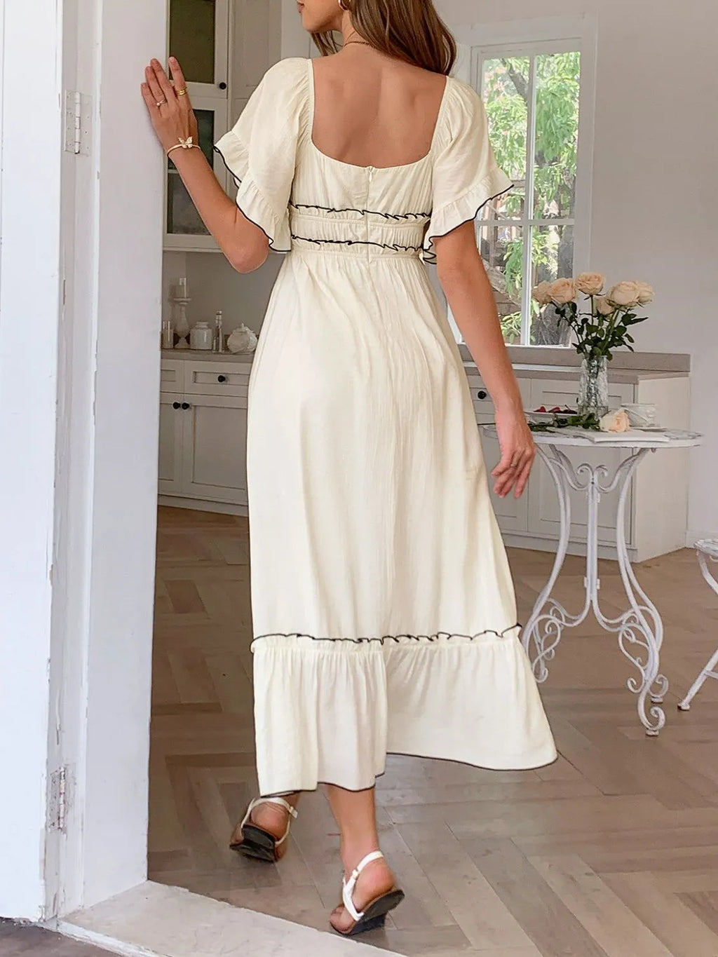 Square Neck-Puff-Sleeve-Ruffle-Trim-Maxi-Dress-Sarunna