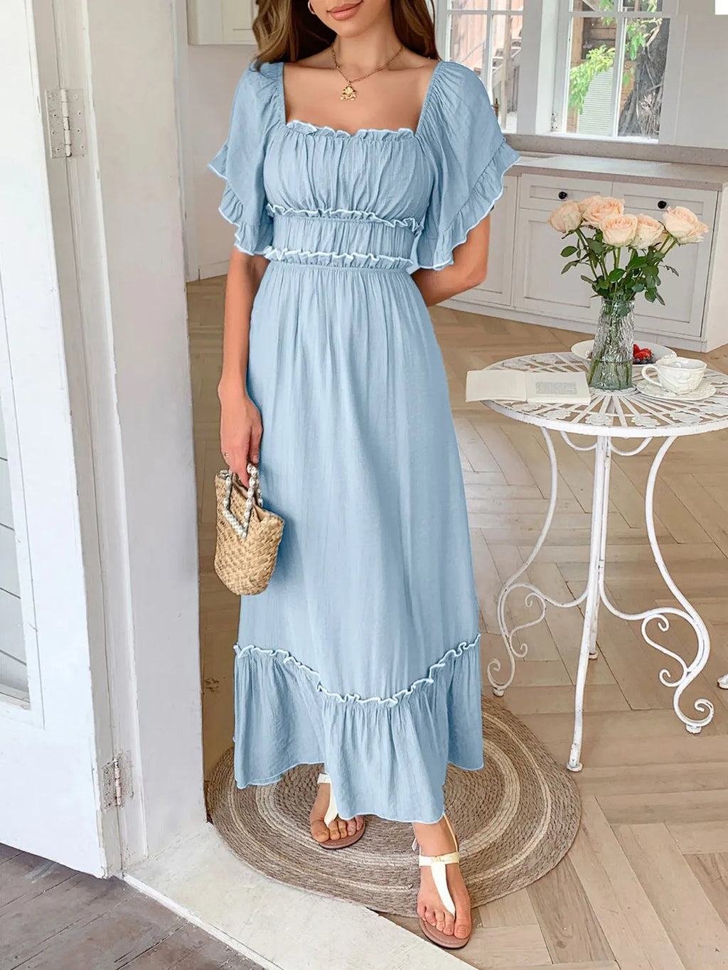 Square Neck-Puff-Sleeve-Ruffle-Trim-Maxi-Dress-Sarunna