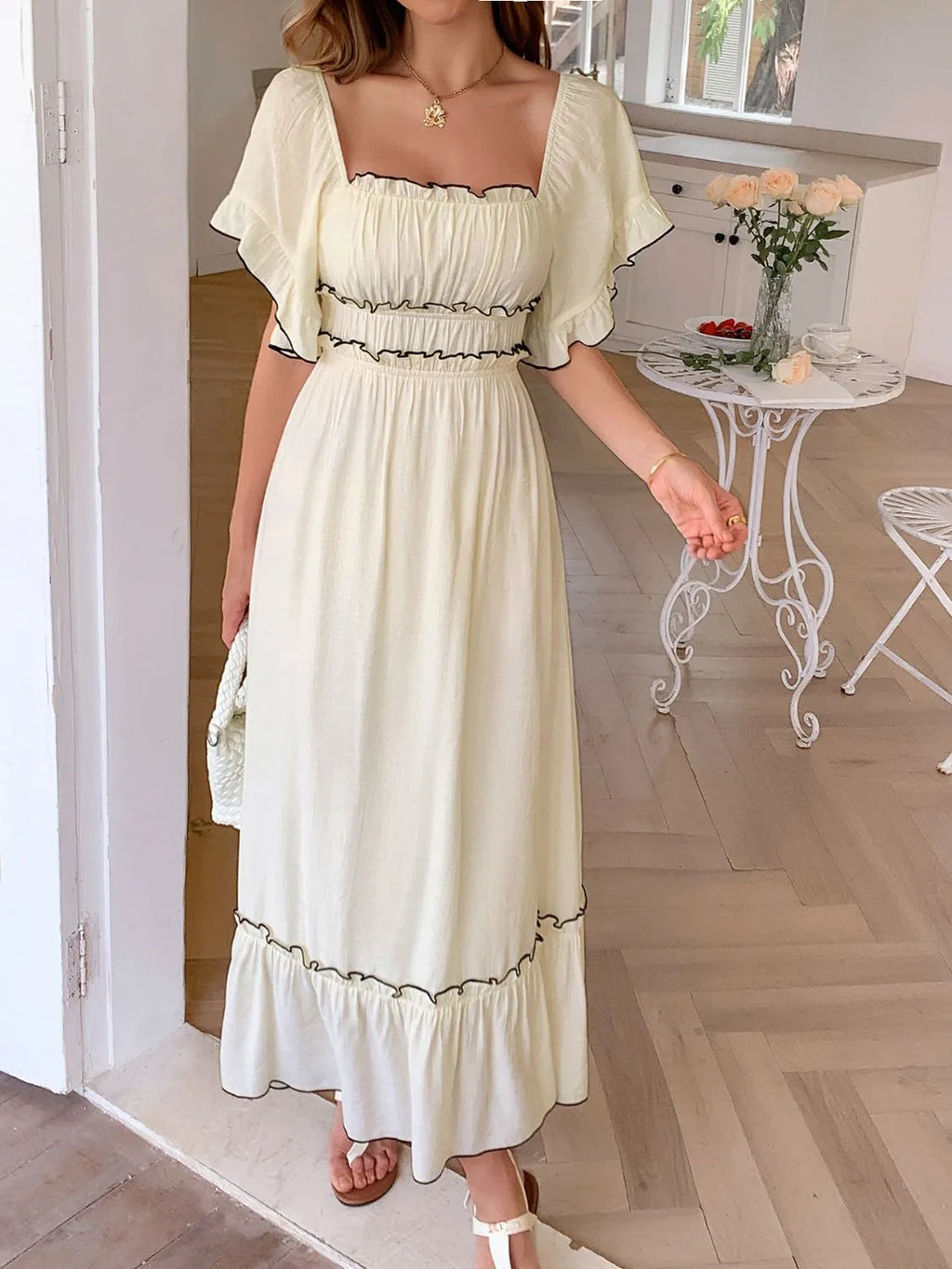 Square Neck-Puff-Sleeve-Ruffle-Trim-Maxi-Dress-Sarunna