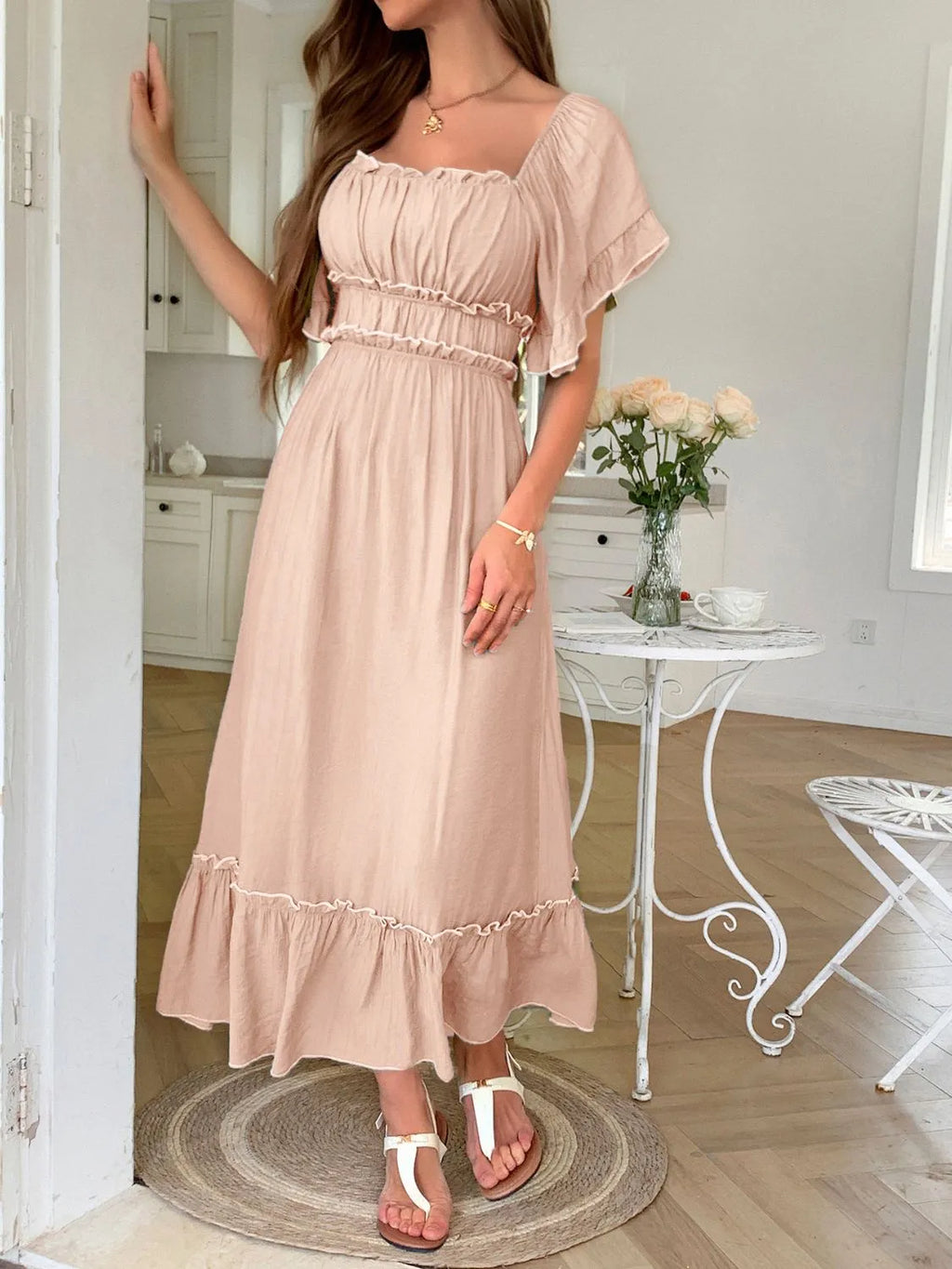 Square Neck-Puff-Sleeve-Ruffle-Trim-Maxi-Dress-Sarunna