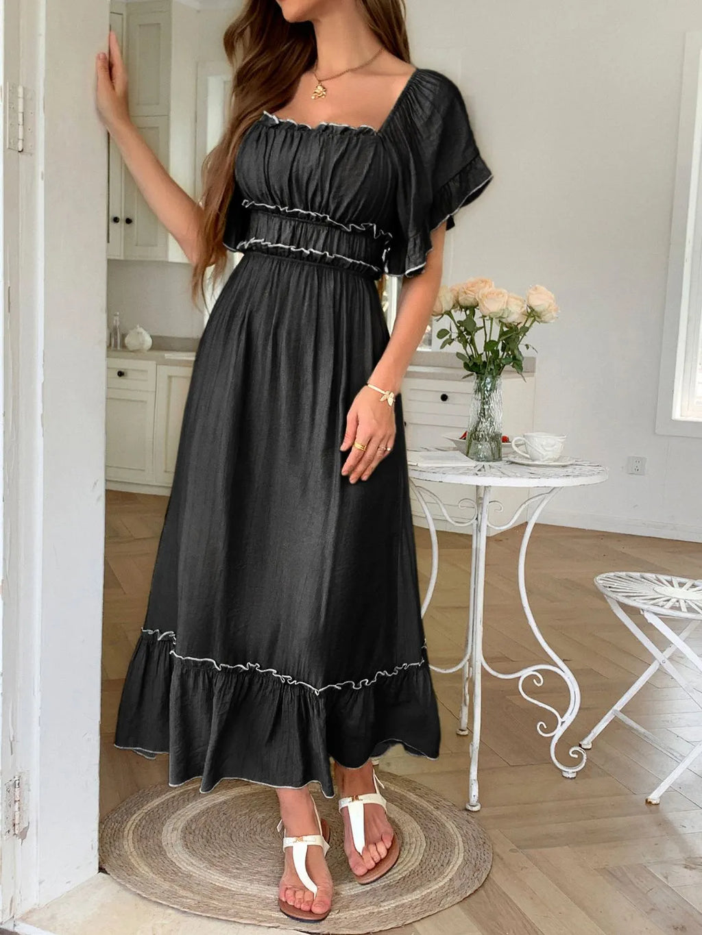 Square Neck-Puff-Sleeve-Ruffle-Trim-Maxi-Dress-Sarunna