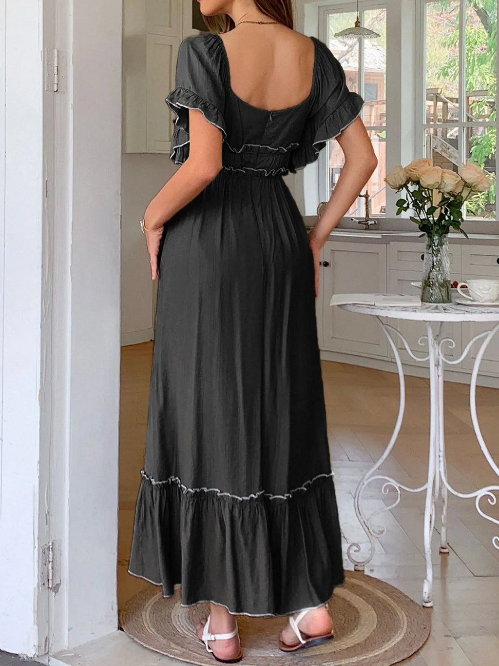 Square Neck-Puff-Sleeve-Ruffle-Trim-Maxi-Dress-Sarunna