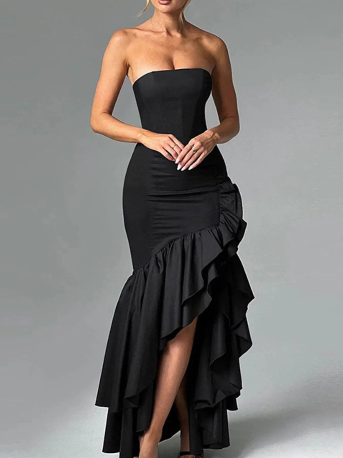 Strapless-Ruffle-High-Low-Bodycon-Dress-Sarunna