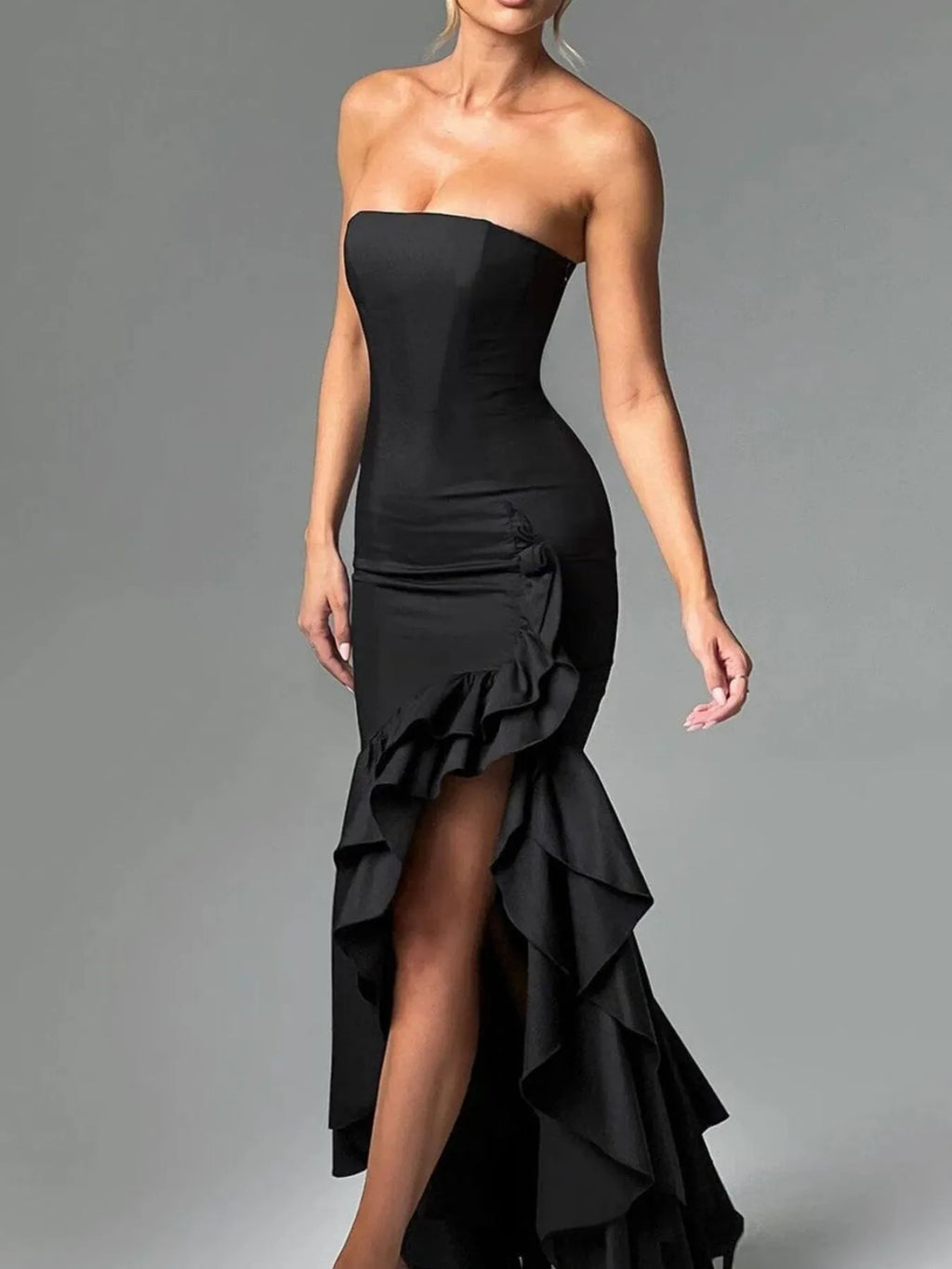 Strapless-Ruffle-High-Low-Bodycon-Dress-Sarunna