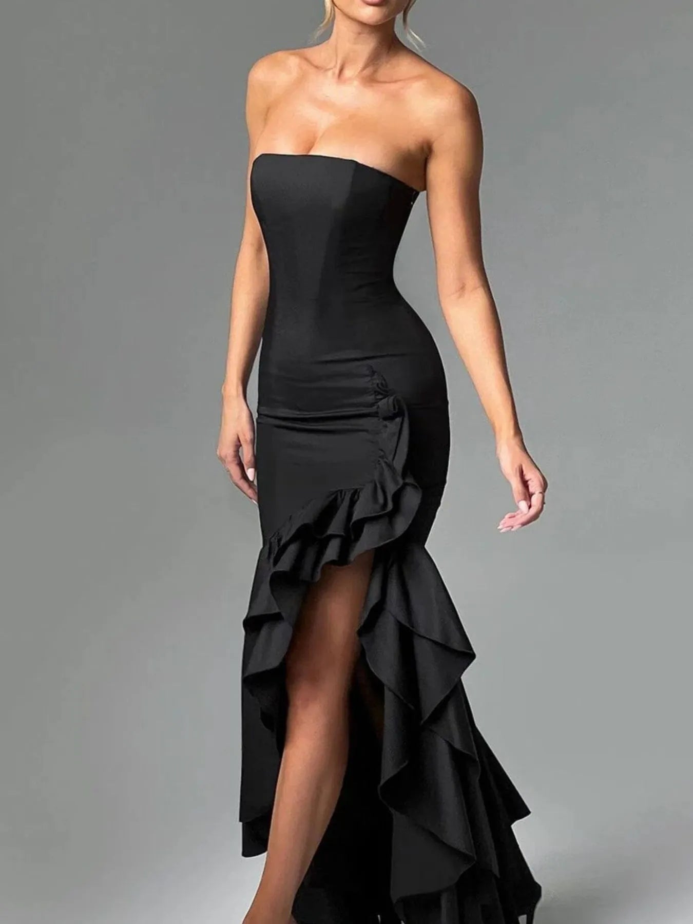 Strapless-Ruffle-High-Low-Bodycon-Dress-Sarunna