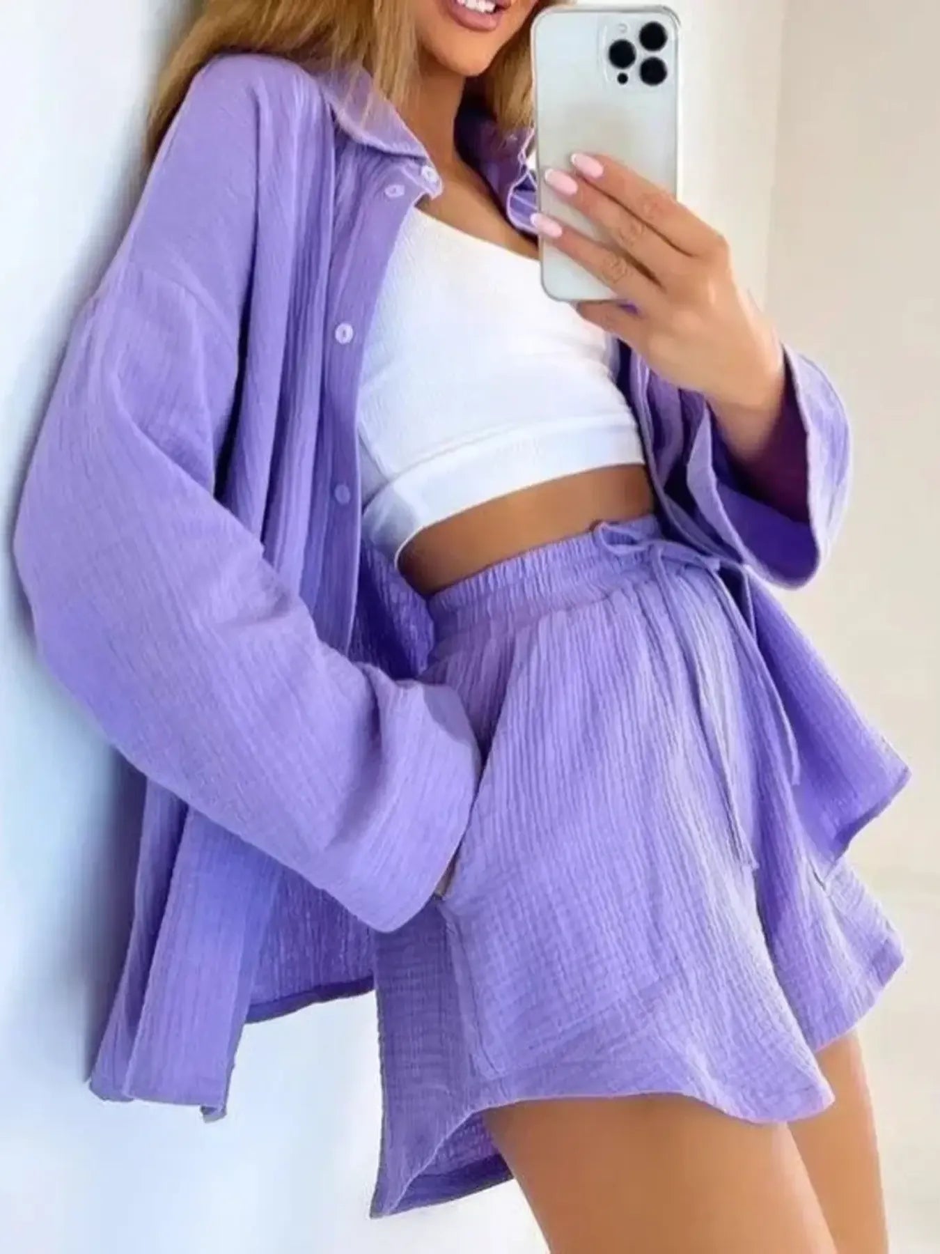 Texture-Button-Up-Shirt-and-Shorts-Set-Sarunna