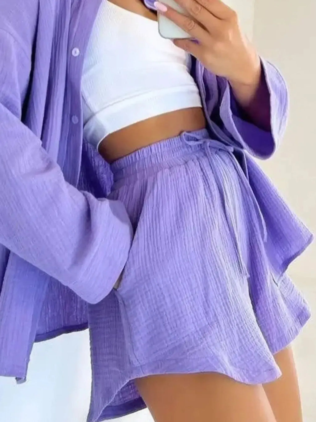 Texture-Button-Up-Shirt-and-Shorts-Set-Sarunna
