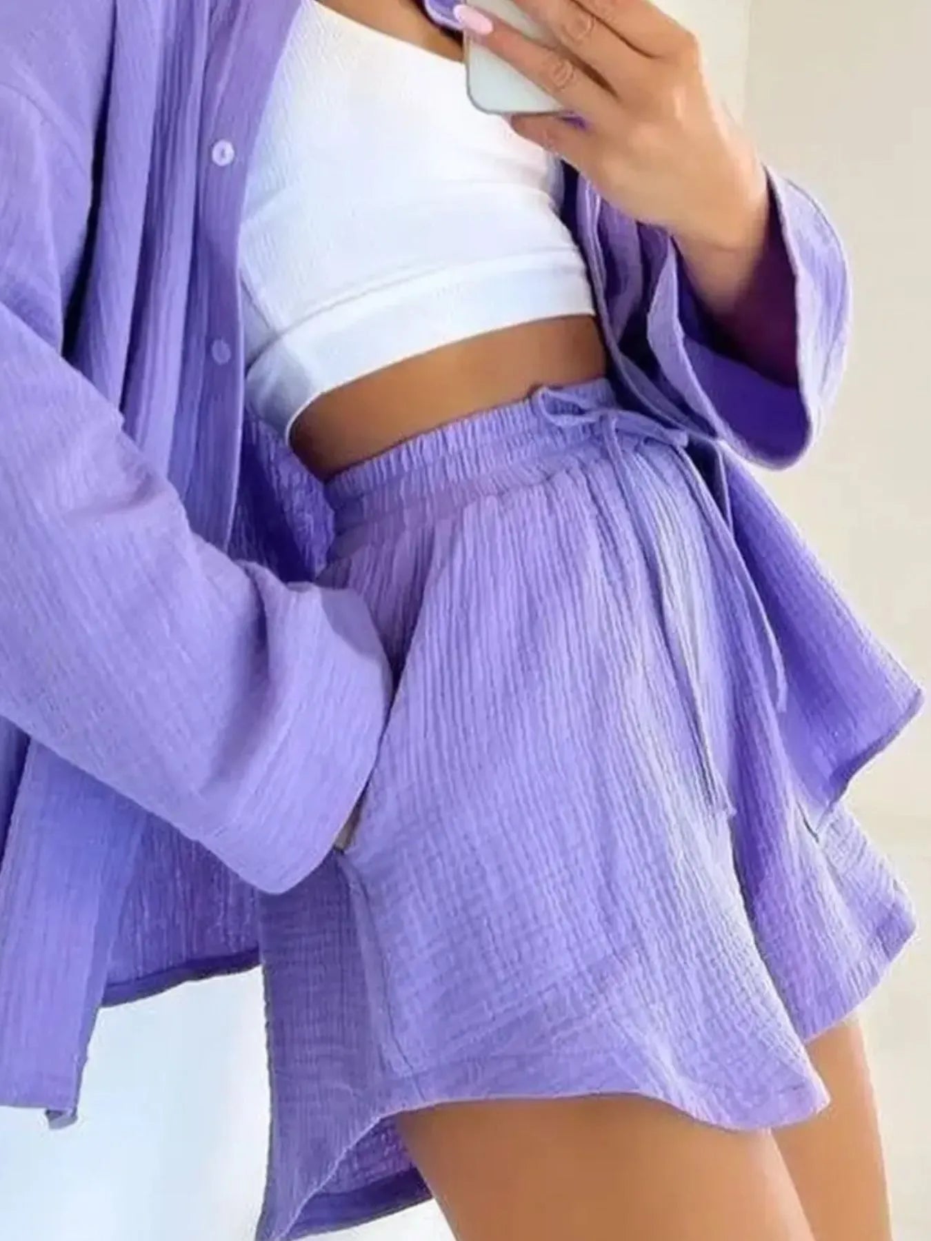 Texture-Button-Up-Shirt-and-Shorts-Set-Sarunna