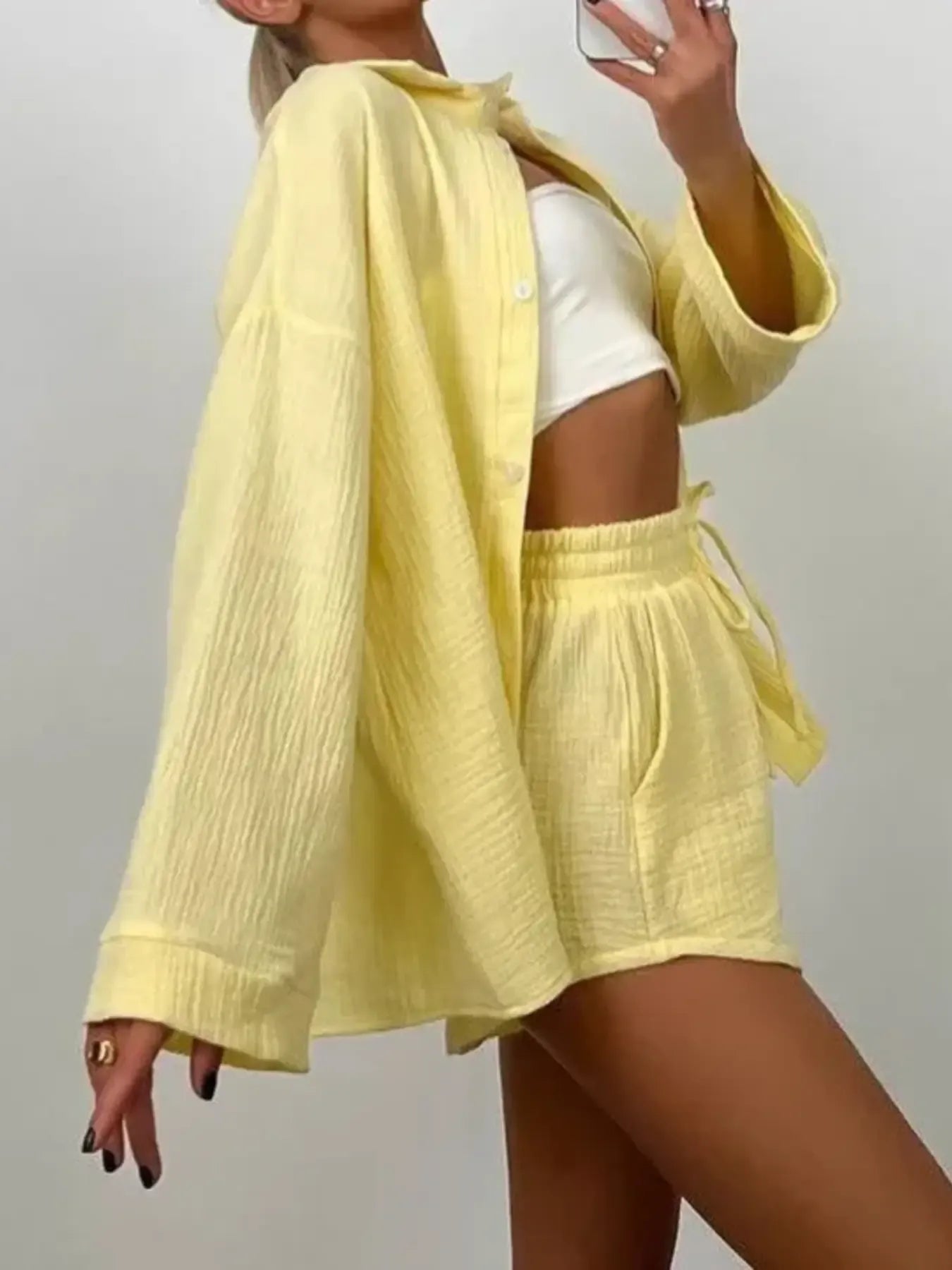Texture-Button-Up-Shirt-and-Shorts-Set-Sarunna