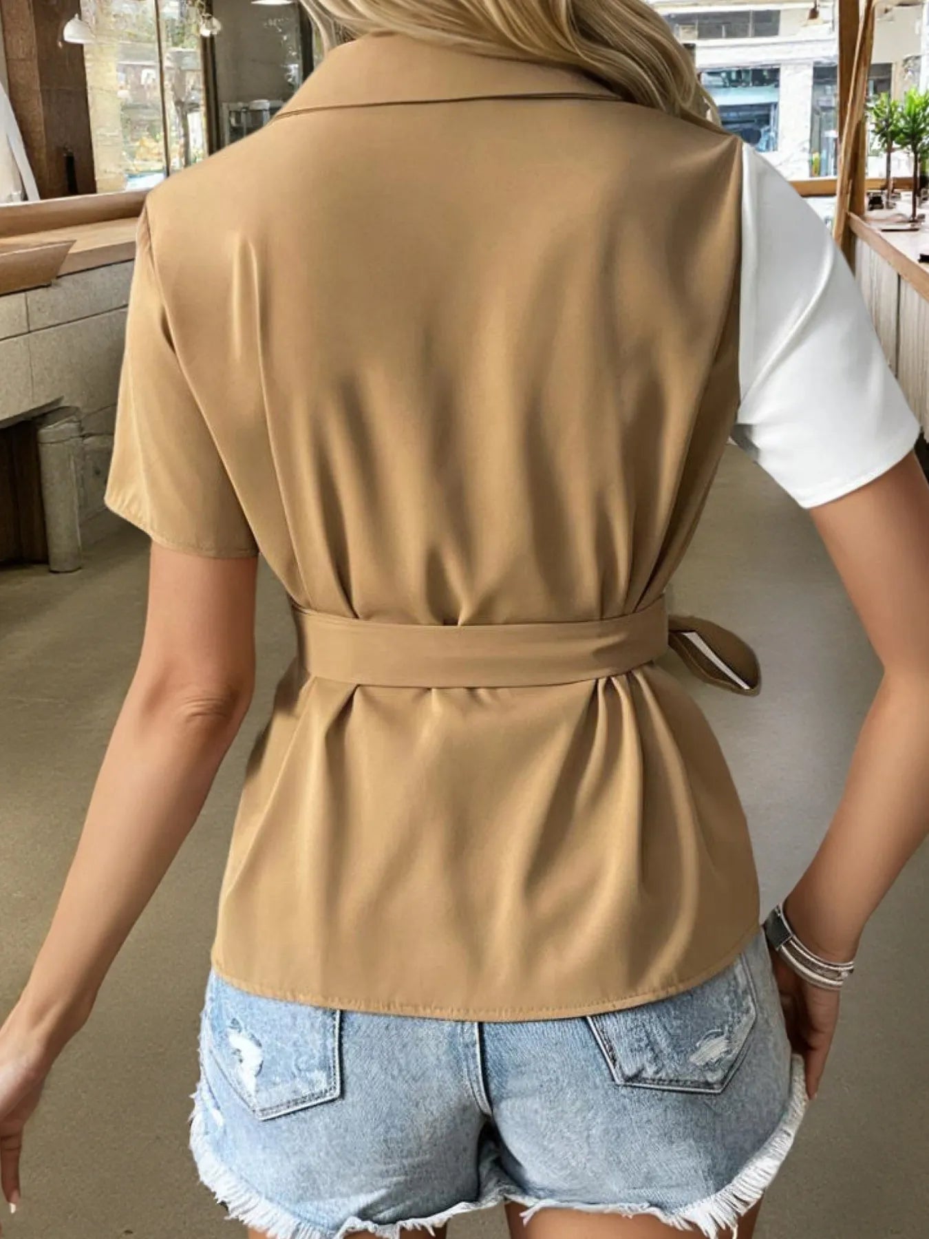Two-Tone-Short-Sleeve-Blouse-with-Tie-Waist-Sarunna